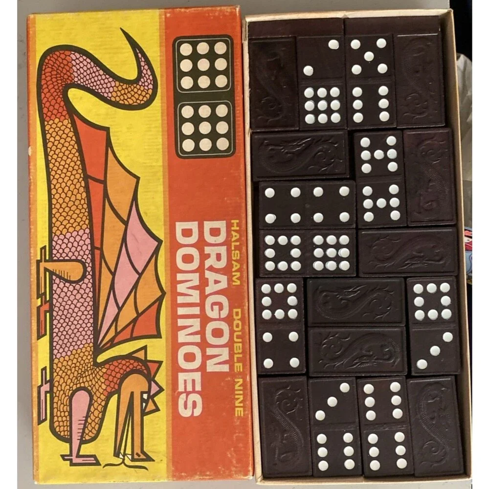 Vintage Halsam Dragon Dominoes Double Nine Set - 1960s Mid-Century Retro Game -